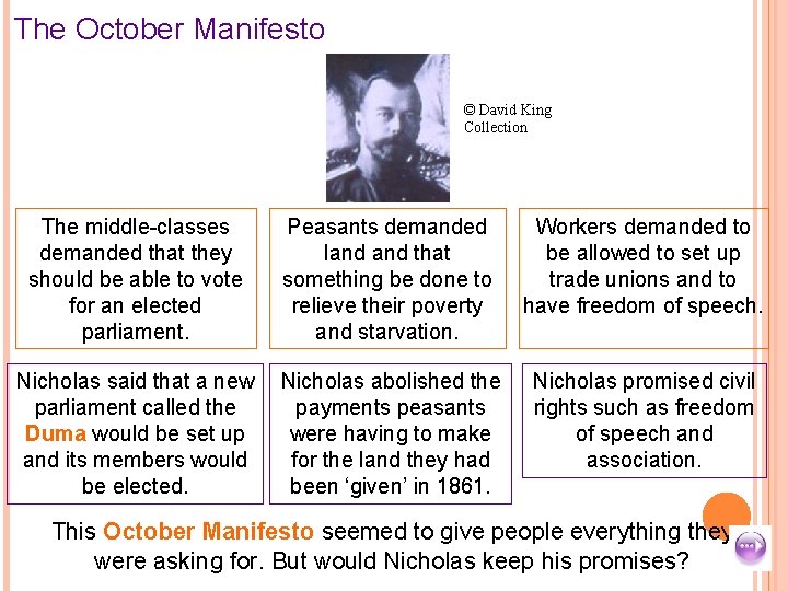 The October Manifesto © David King Collection The middle-classes demanded that they should be