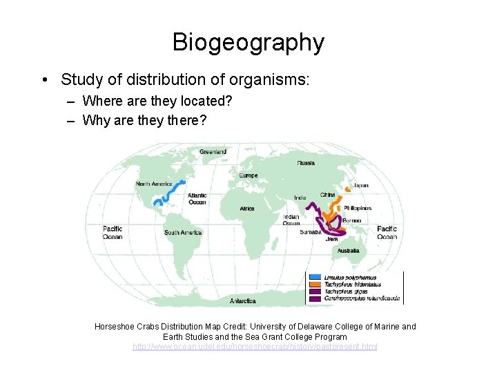 Biogeography • Study of distribution of organisms: – Where are they located? – Why