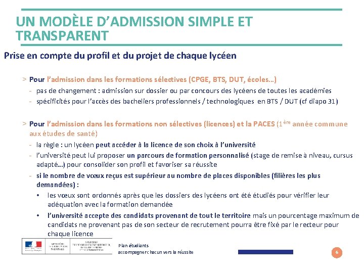 UN MODÈLE D’ADMISSION SIMPLE ET TRANSPARENT Prise en compte du profil et du projet