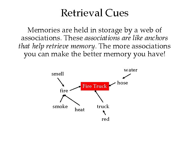 Retrieval Cues Memories are held in storage by a web of associations. These associations