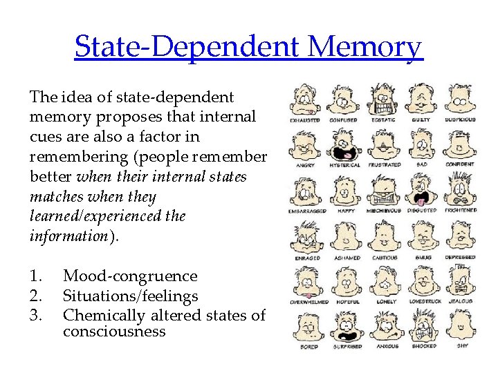 State-Dependent Memory The idea of state-dependent memory proposes that internal cues are also a