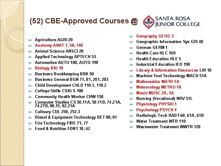 (52) CBE-Approved Courses @ Agriculture AGRI 20 Anatomy ANAT 1, 58, 140 Animal Science