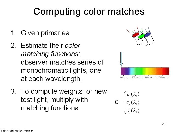 Computing color matches 1. Given primaries 2. Estimate their color matching functions: observer matches