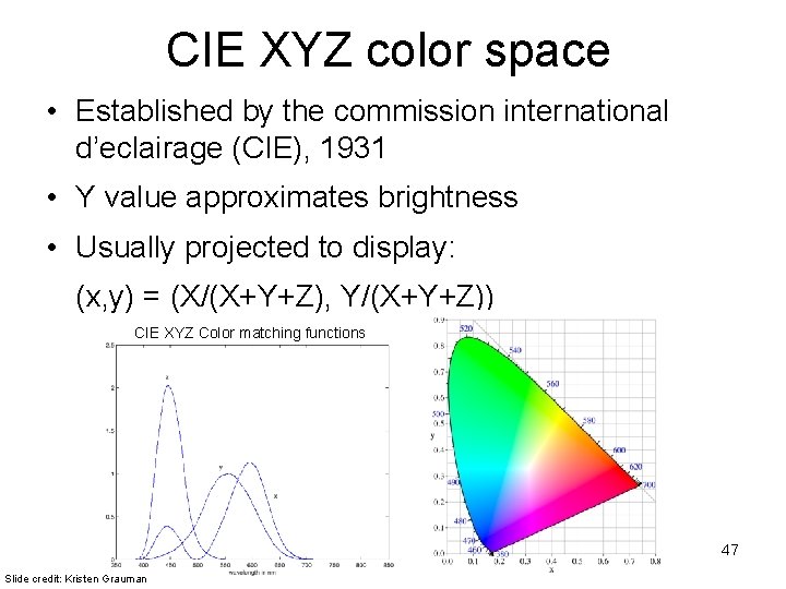 CIE XYZ color space • Established by the commission international d’eclairage (CIE), 1931 •