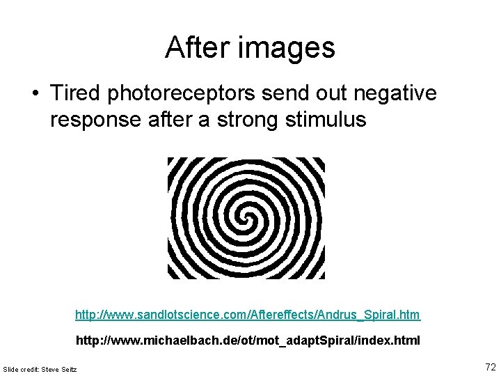 After images • Tired photoreceptors send out negative response after a strong stimulus http: