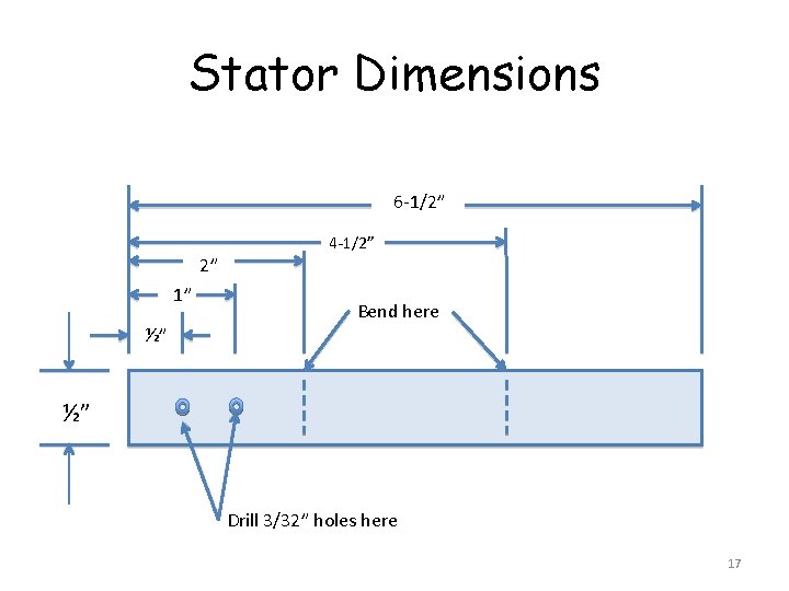 Stator Dimensions 6 -1/2” 2” 1” 4 -1/2” Bend here ½” ½” Drill 3/32”