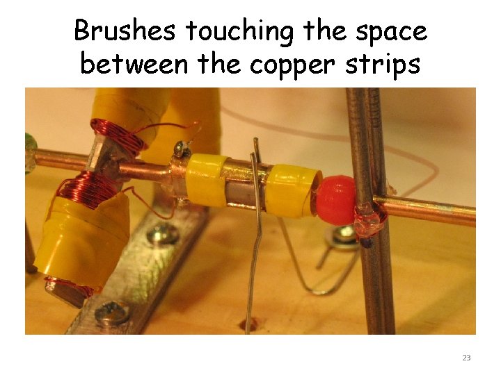 Brushes touching the space between the copper strips 23 