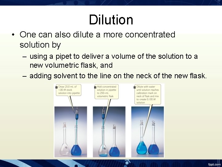 Dilution • One can also dilute a more concentrated solution by – using a