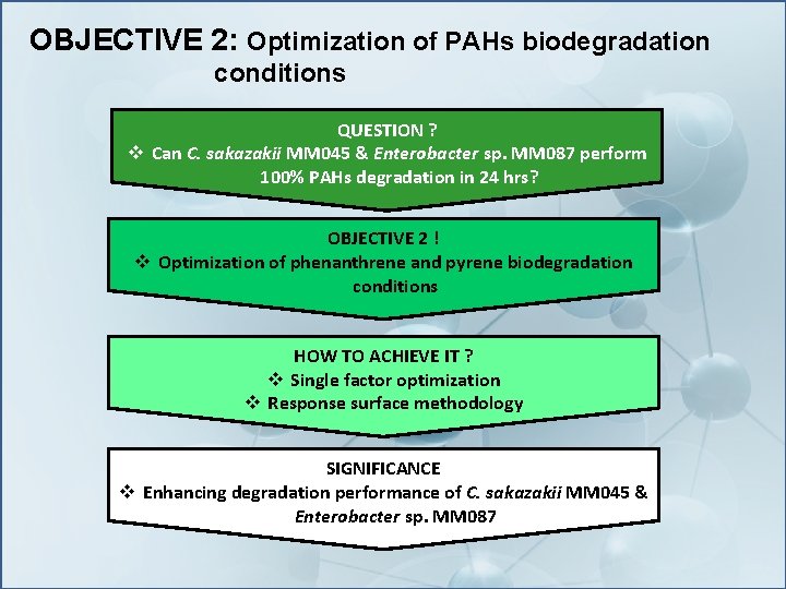 OBJECTIVE 2: Optimization of PAHs biodegradation conditions QUESTION ? v Can C. sakazakii MM