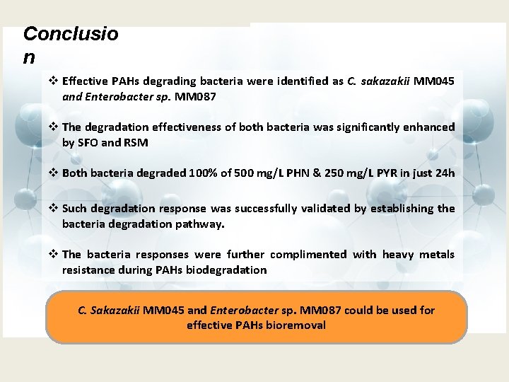 Conclusio n v Effective PAHs degrading bacteria were identified as C. sakazakii MM 045