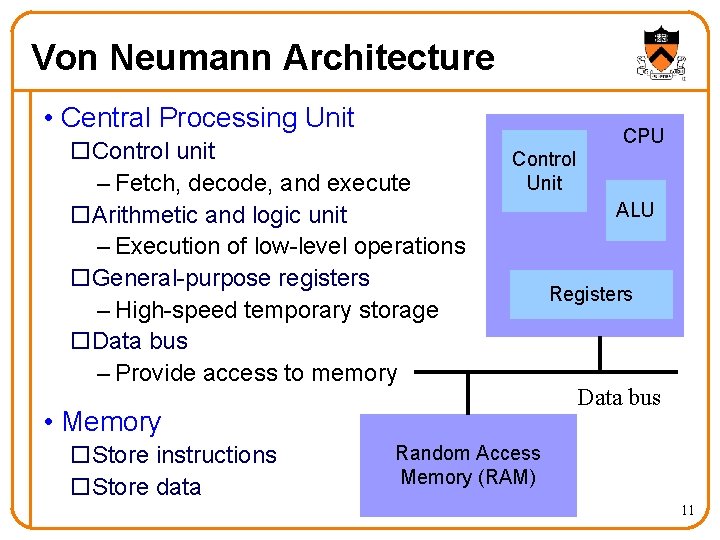 Von Neumann Architecture • Central Processing Unit o. Control unit – Fetch, decode, and
