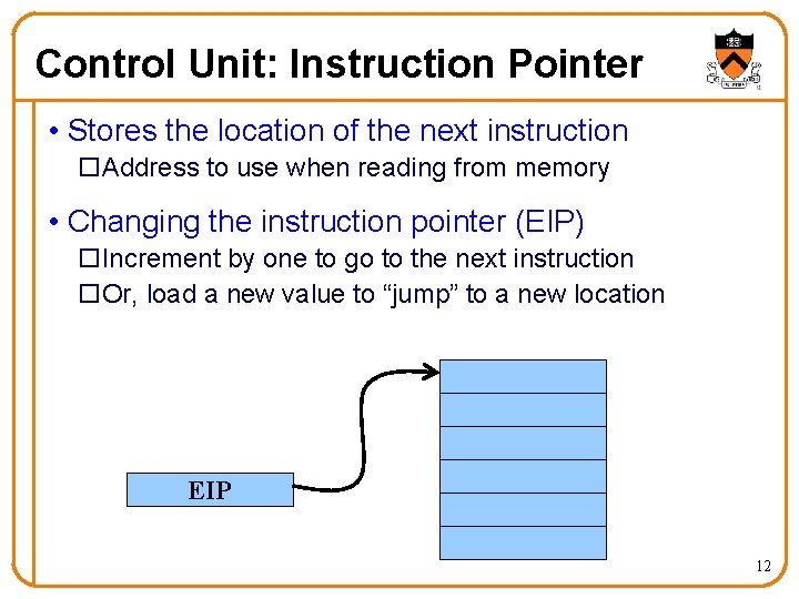 Control Unit: Instruction Pointer • Stores the location of the next instruction o. Address