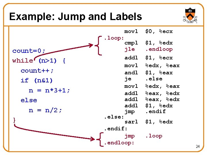 Example: Jump and Labels movl. loop: count=0; while (n>1) { count++; if (n&1) n
