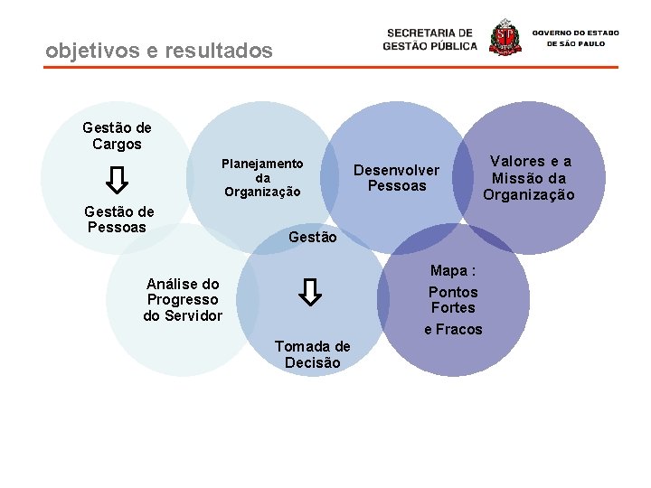 objetivos e resultados Gestão de Cargos Planejamento da Organização Gestão de Pessoas Desenvolver Pessoas