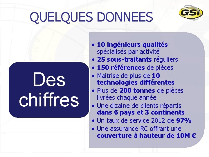 QUELQUES DONNEES Des chiffres • 10 ingénieurs qualités spécialisés par activité • 25 sous-traitants