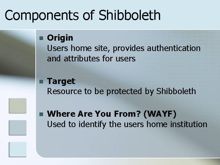 Components of Shibboleth n Origin Users home site, provides authentication and attributes for users