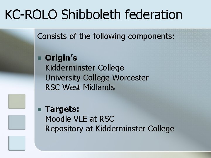 KC-ROLO Shibboleth federation Consists of the following components: n Origin’s Kidderminster College University College