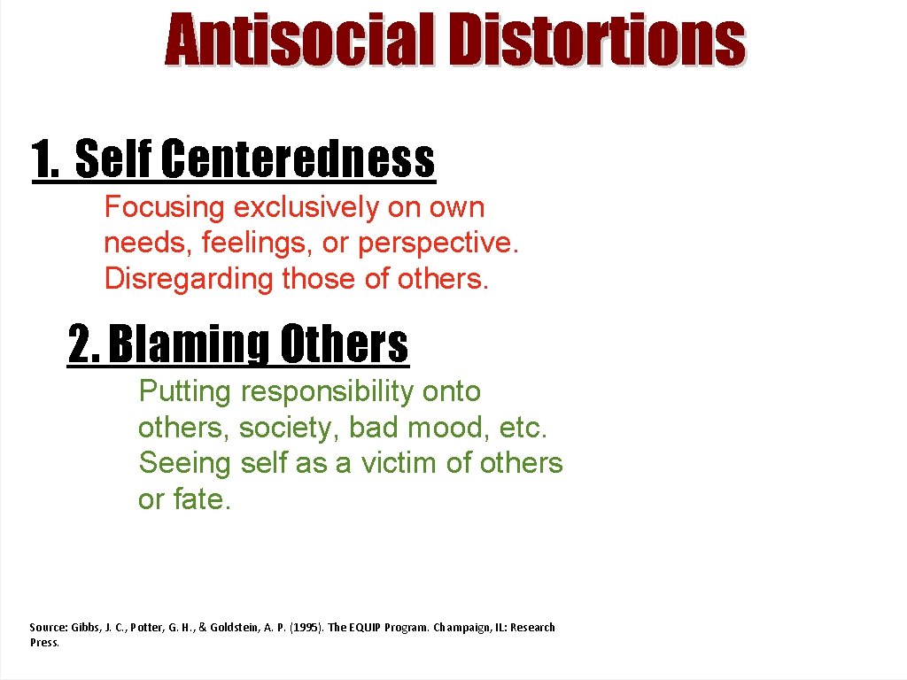 Antisocial Distortions 1. Self Centeredness Focusing exclusively on own needs, feelings, or perspective. Disregarding