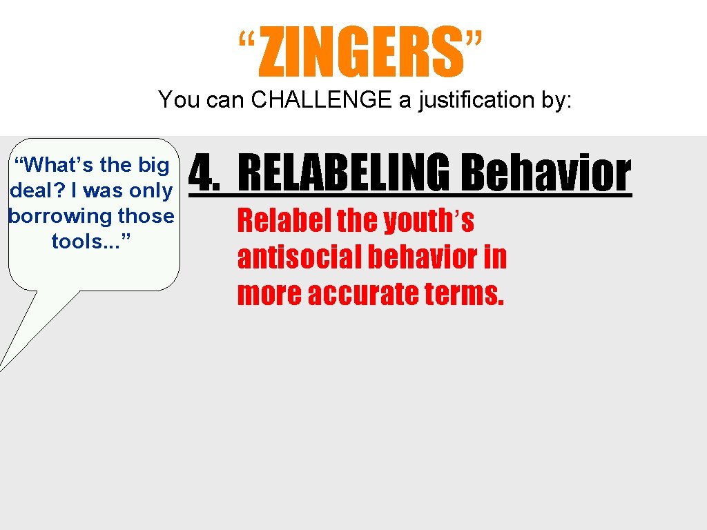 “ZINGERS” You can CHALLENGE a justification by: “What’s the big deal? I was only