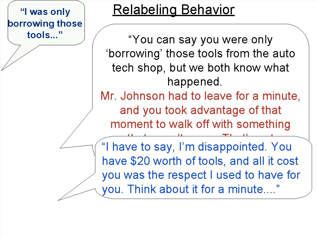 Benign Confrontation by “I was only borrowing those tools. . . ” Relabeling Behavior