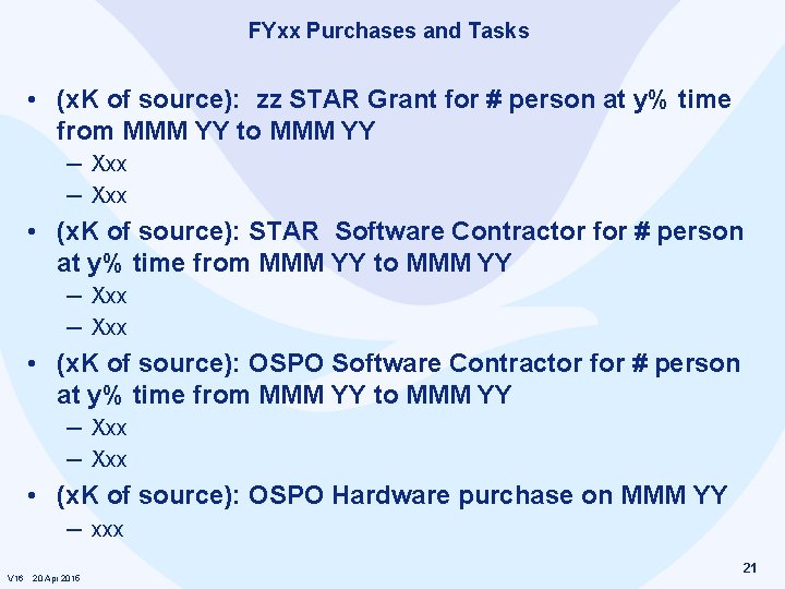 FYxx Purchases and Tasks • (x. K of source): zz STAR Grant for #