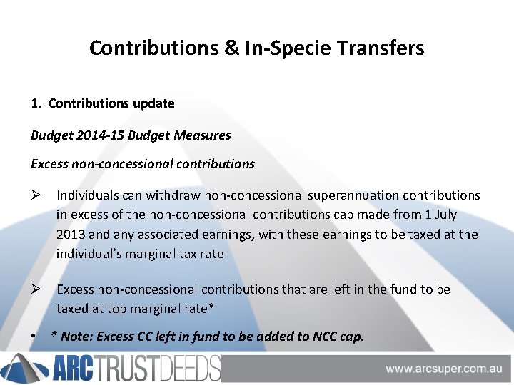 Contributions & In-Specie Transfers 1. Contributions update Budget 2014 -15 Budget Measures Excess non-concessional