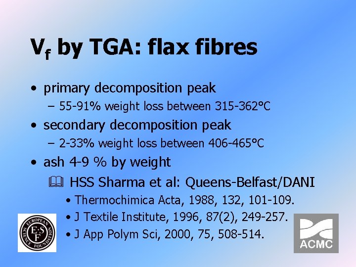 Vf by TGA: flax fibres • primary decomposition peak – 55 -91% weight loss