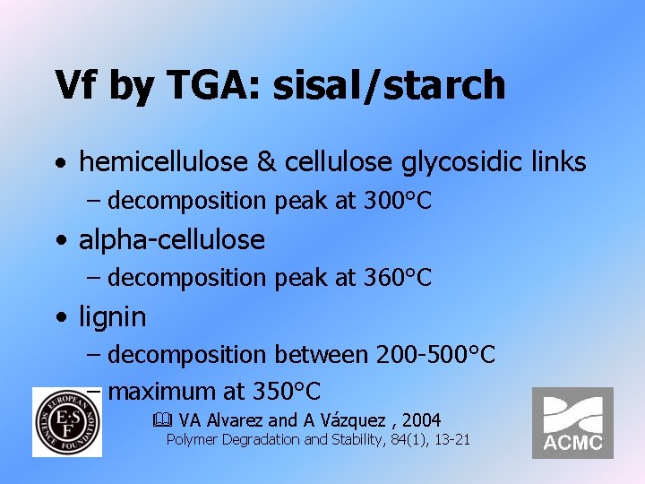 Vf by TGA: sisal/starch · hemicellulose & cellulose glycosidic links – decomposition peak at