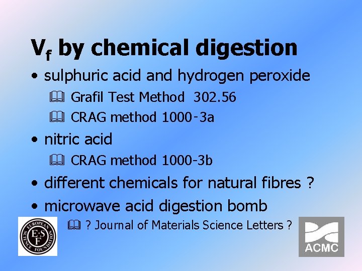 Vf by chemical digestion • sulphuric acid and hydrogen peroxide & Grafil Test Method