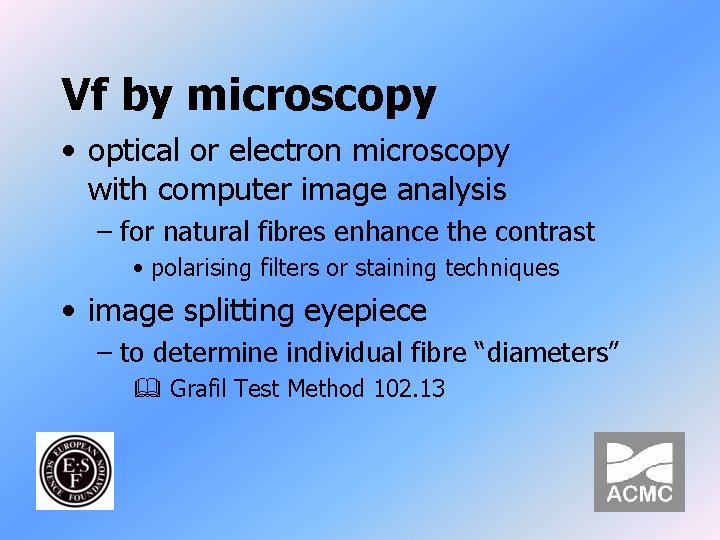 Vf by microscopy • optical or electron microscopy with computer image analysis – for