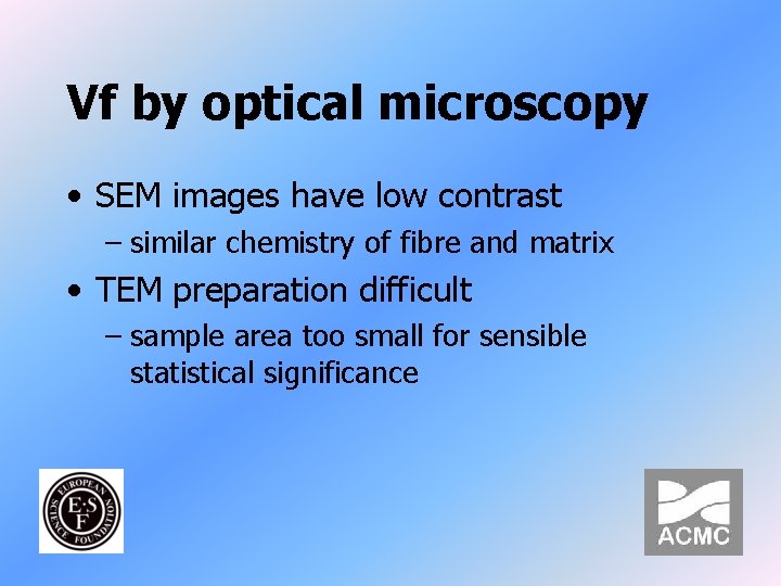 Vf by optical microscopy • SEM images have low contrast – similar chemistry of