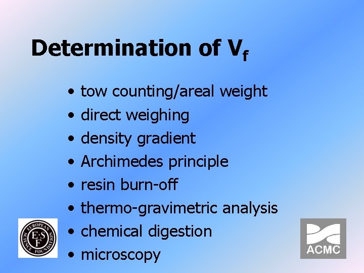 Determination of Vf • • tow counting/areal weight direct weighing density gradient Archimedes principle