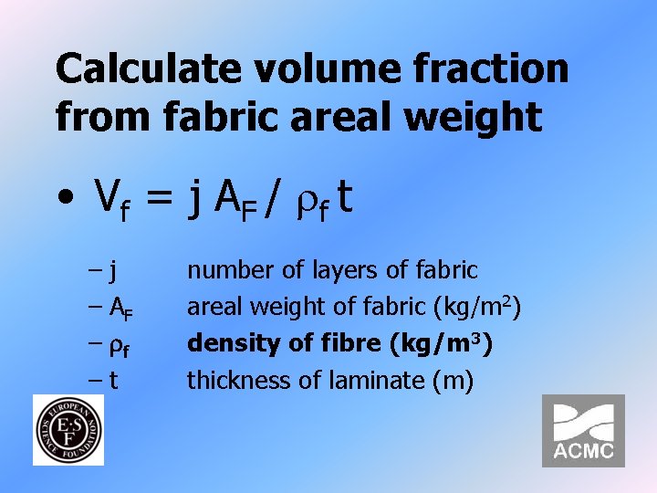 Calculate volume fraction from fabric areal weight • V f = j A F