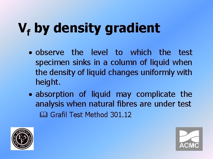 Vf by density gradient · observe the level to which the test specimen sinks