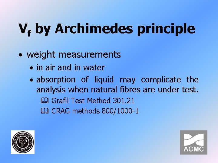 Vf by Archimedes principle · weight measurements · in air and in water ·