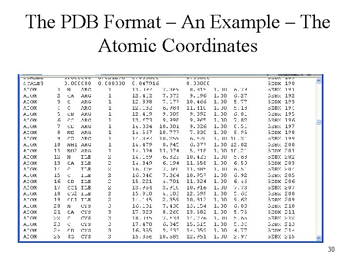 The PDB Format – An Example – The Atomic Coordinates 30 
