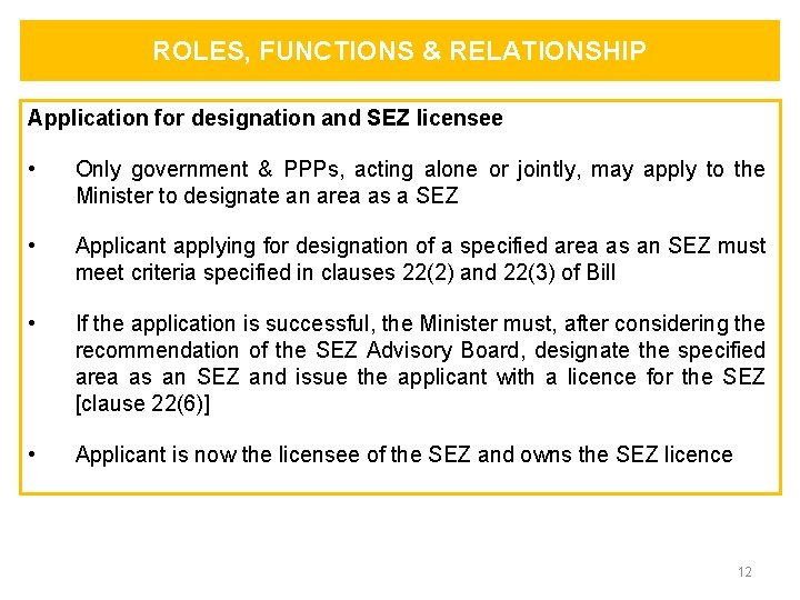 ROLES, FUNCTIONS & RELATIONSHIP Application for designation and SEZ licensee • Only government &