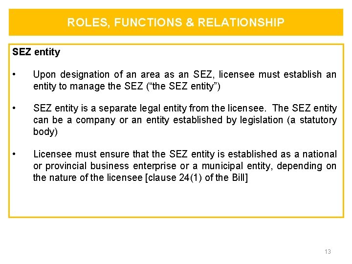 ROLES, FUNCTIONS & RELATIONSHIP SEZ entity • Upon designation of an area as an