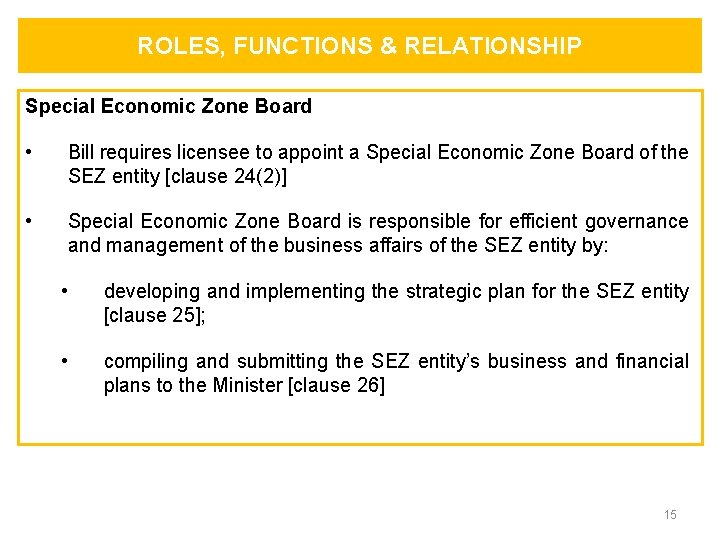 ROLES, FUNCTIONS & RELATIONSHIP Special Economic Zone Board • Bill requires licensee to appoint