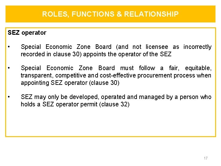 ROLES, FUNCTIONS & RELATIONSHIP SEZ operator • Special Economic Zone Board (and not licensee