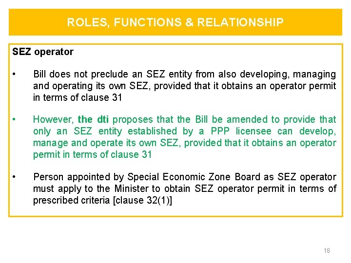 ROLES, FUNCTIONS & RELATIONSHIP SEZ operator • Bill does not preclude an SEZ entity