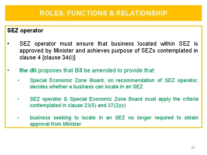 ROLES, FUNCTIONS & RELATIONSHIP SEZ operator • SEZ operator must ensure that business located