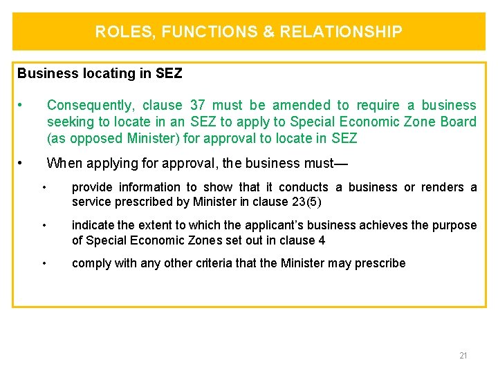 ROLES, FUNCTIONS & RELATIONSHIP Business locating in SEZ • Consequently, clause 37 must be