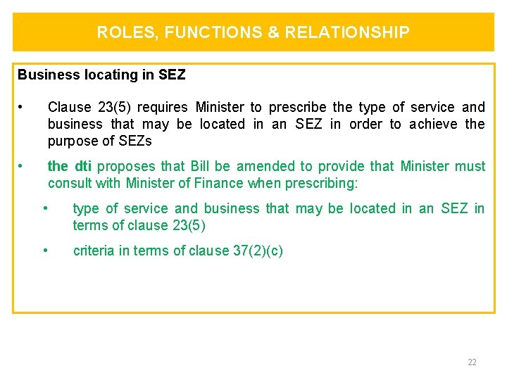 ROLES, FUNCTIONS & RELATIONSHIP Business locating in SEZ • Clause 23(5) requires Minister to