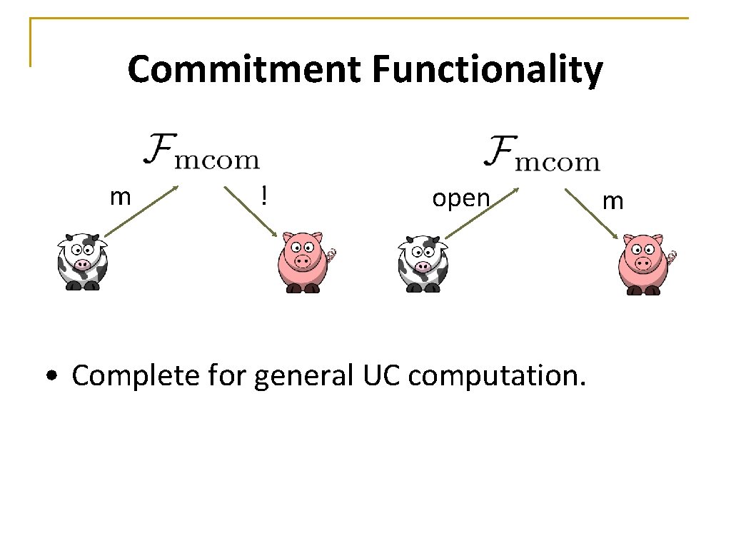 Commitment Functionality m ! open • Complete for general UC computation. m 