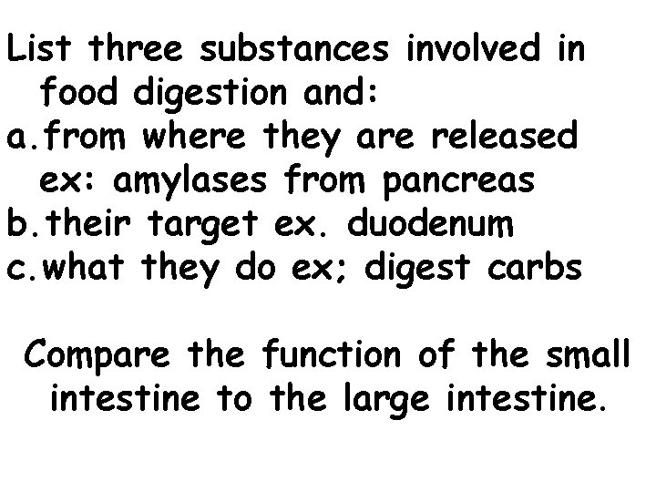 List three substances involved in food digestion and: a. from where they are released