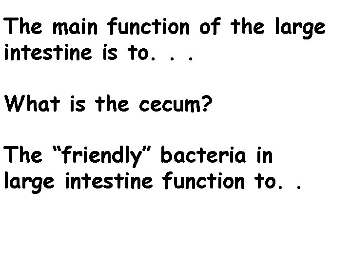 The main function of the large intestine is to. . . What is the
