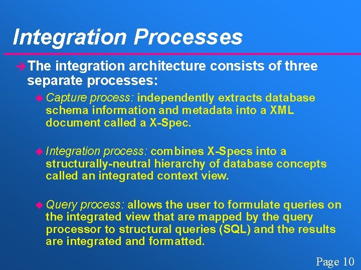 Integration Processes è The integration architecture consists of three separate processes: u Capture process: