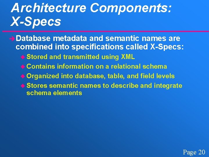 Architecture Components: X-Specs è Database metadata and semantic names are combined into specifications called