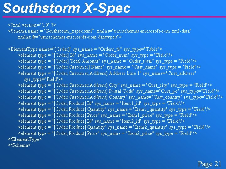 Southstorm X-Spec <? xml version="1. 0" ? > <Schema name = "Southstorm_xspec. xml” xmlns="urn: